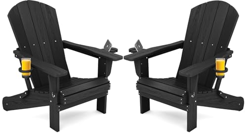 Set of 2 Black Folding Adirondack Chairs with Cup Holder